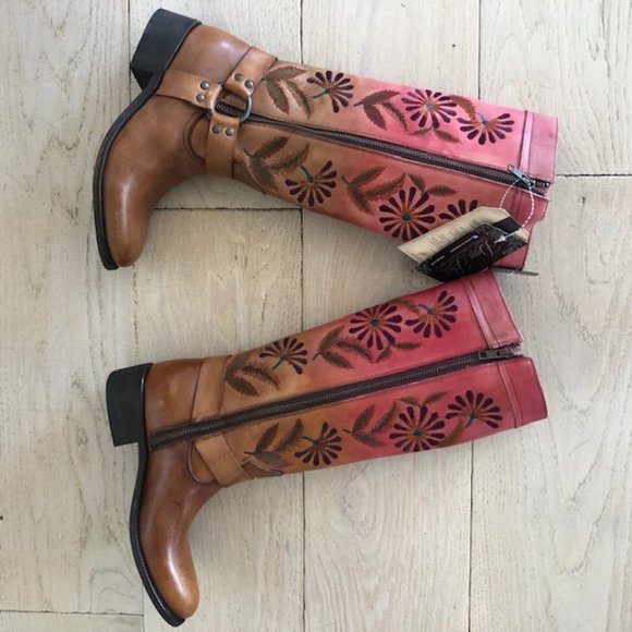 Dan Post embossed hand decorated tall leather boots. New in box from Sundance - Picture 3 of 9